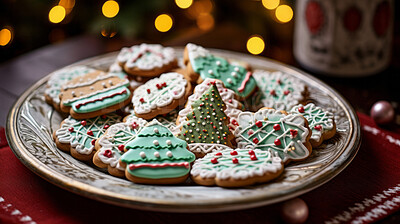 Buy stock photo Colorful Christmas cookies. Homemade sweet decorated gingerbread biscuits with icing