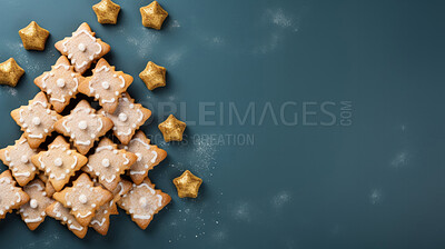 Traditional gingerbread cookie Christmas tree. Homemade sweet decorated biscuits with icing