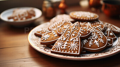 Buy stock photo Traditional Christmas cookies. Homemade sweet decorated gingerbread biscuits with icing