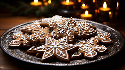 Buy stock photo Traditional Christmas cookies. Homemade sweet decorated gingerbread biscuits with icing