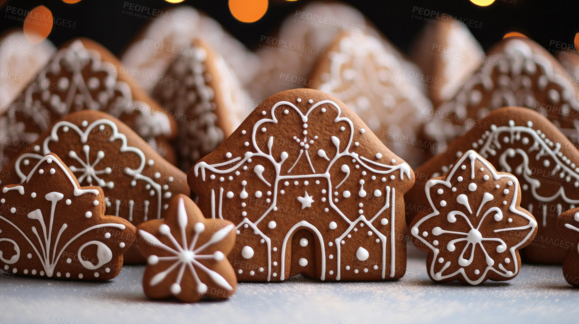 Buy stock photo Traditional Christmas cookies. Homemade sweet decorated gingerbread biscuits with icing