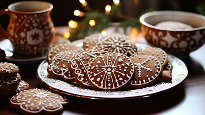 Buy stock photo Traditional Christmas cookies. Homemade sweet decorated gingerbread biscuits with icing