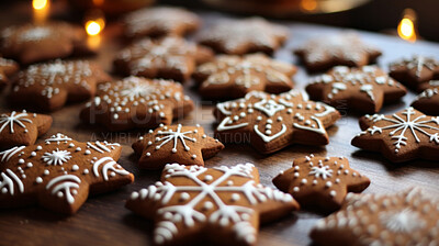 Buy stock photo Traditional Christmas cookies. Homemade sweet decorated gingerbread biscuits with icing