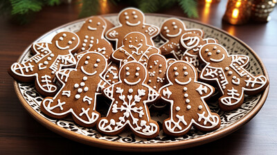 Traditional gingerbread cookies. Homemade sweet decorated Christmas biscuits with icing