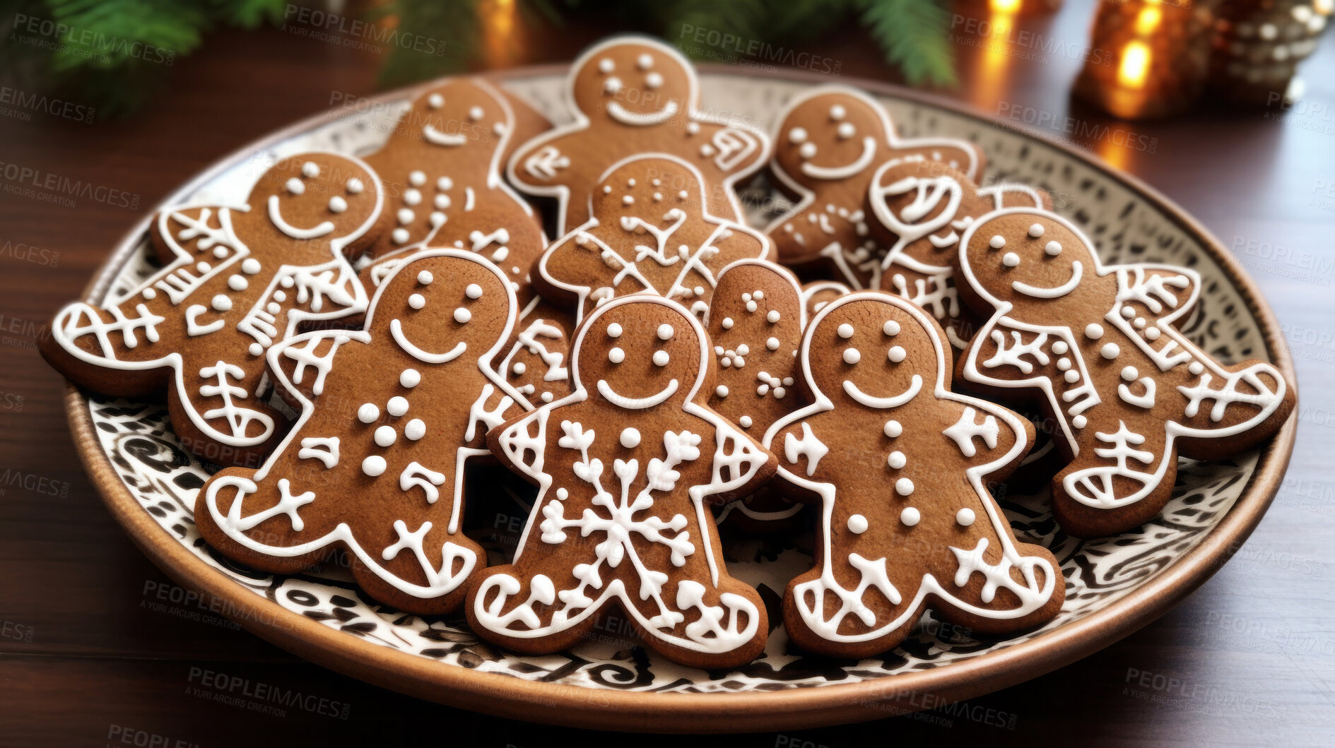 Buy stock photo Traditional gingerbread cookies. Homemade sweet decorated Christmas biscuits with icing