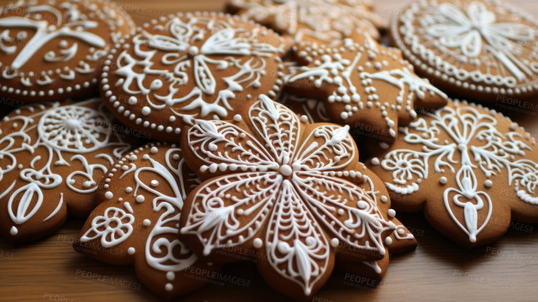 Buy stock photo Traditional Christmas cookies. Homemade sweet decorated gingerbread biscuits with icing