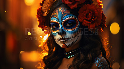 Woman with day of the dead skull makeup and costume. Mexican tradition art.