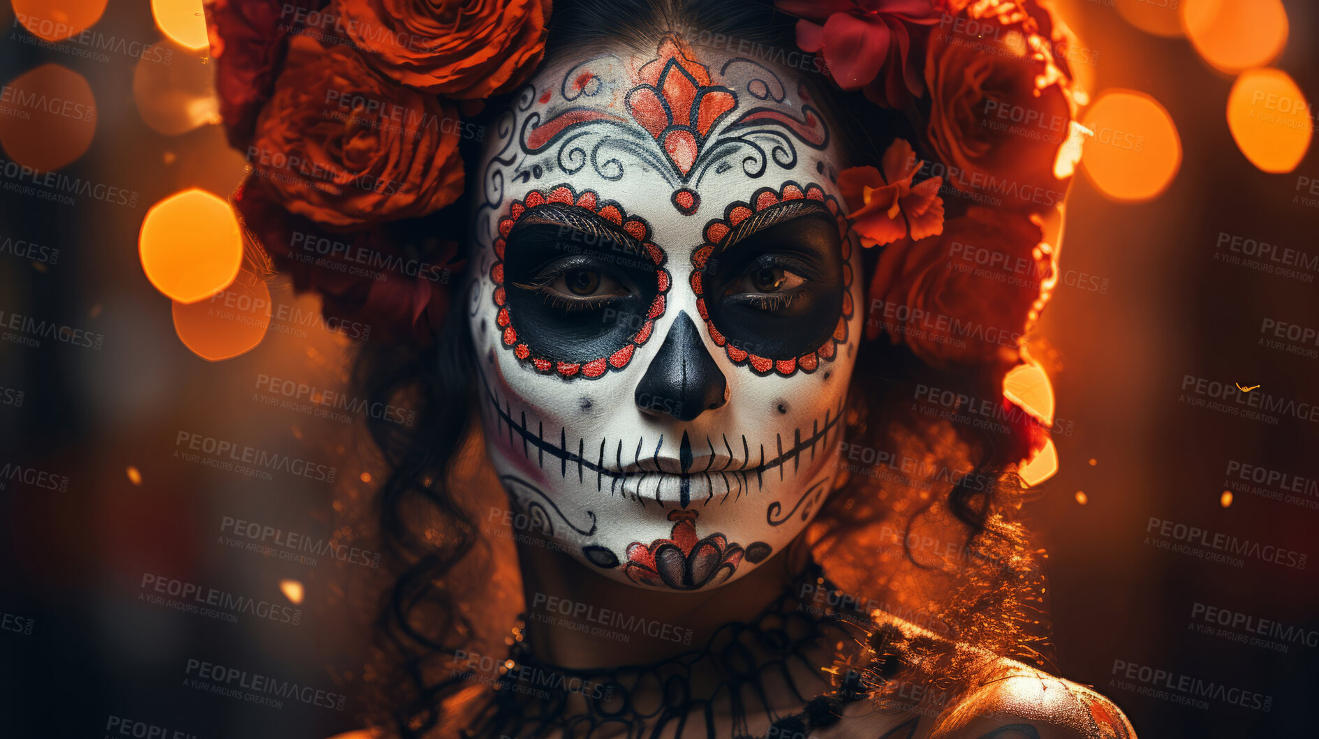 Buy stock photo Woman with day of the dead skull makeup and costume. Mexican tradition art.