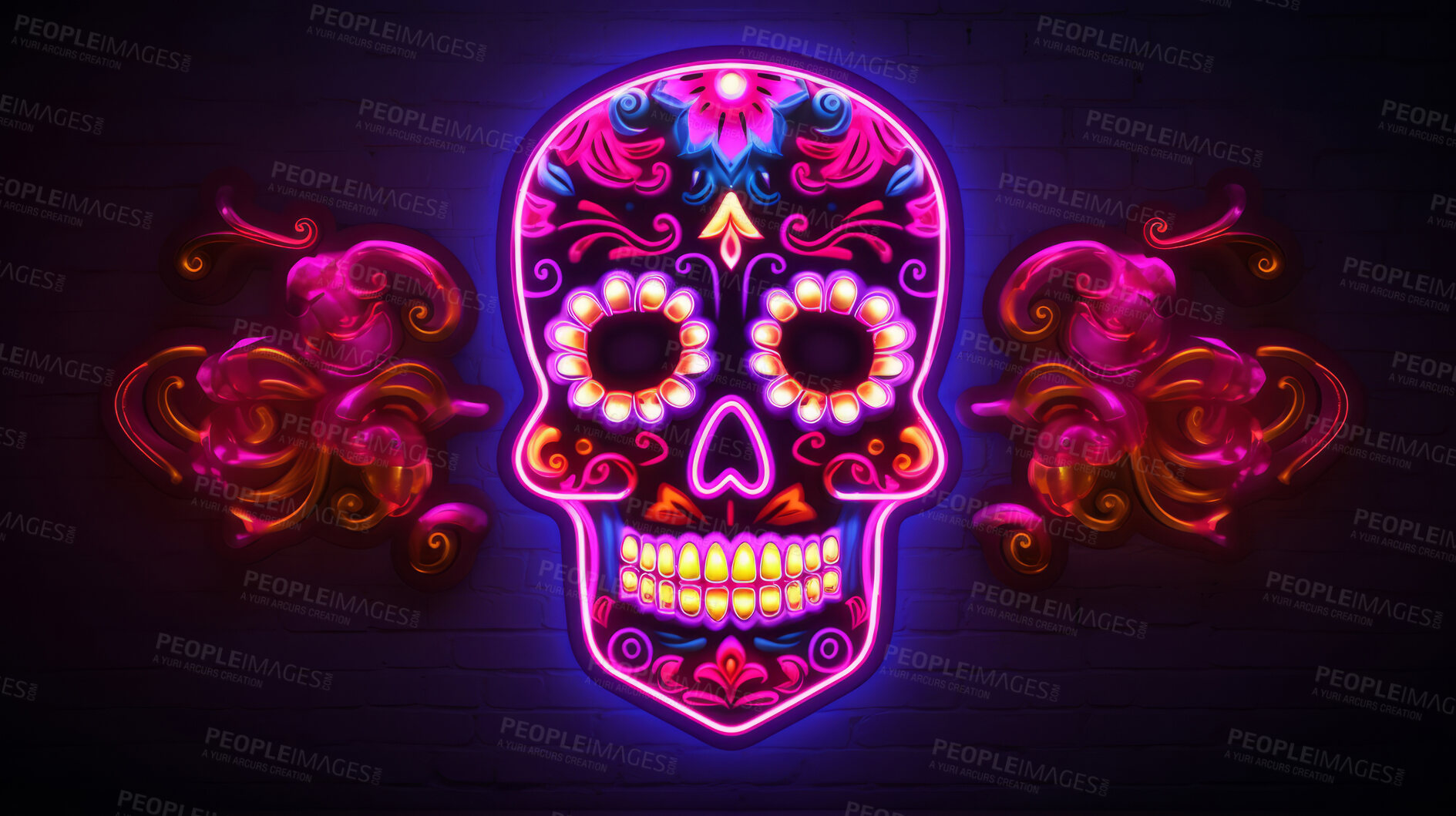 Buy stock photo Colorful neon skull decor sign. Mexican day of the dead concept