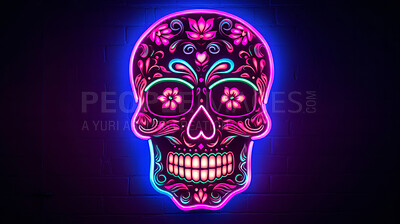 Colorful neon skull decor sign. Mexican day of the dead concept