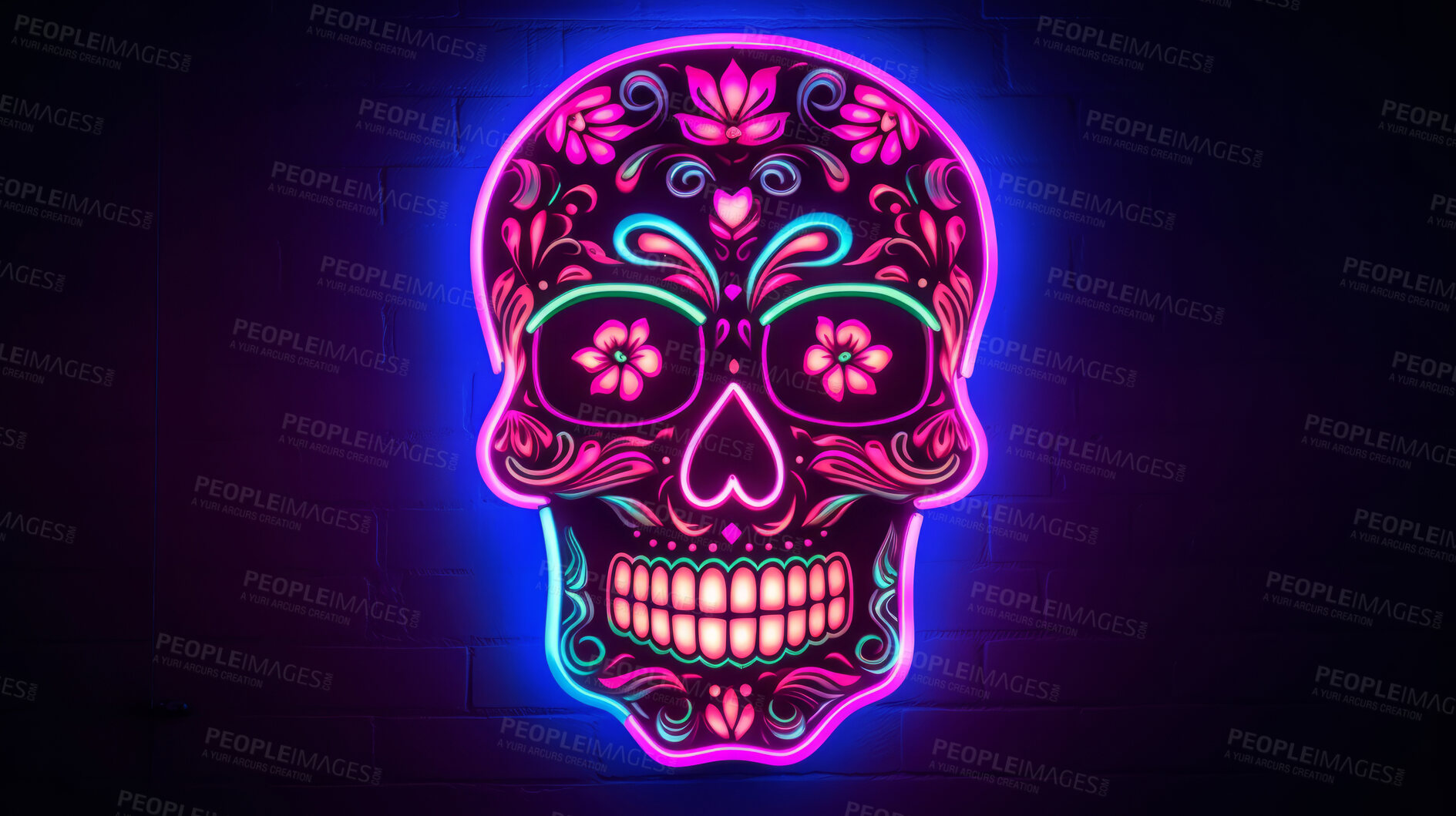 Buy stock photo Colorful neon skull decor sign. Mexican day of the dead concept