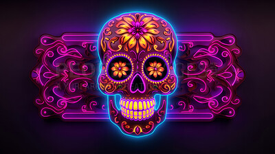 Colorful neon skull decor sign. Mexican day of the dead concept