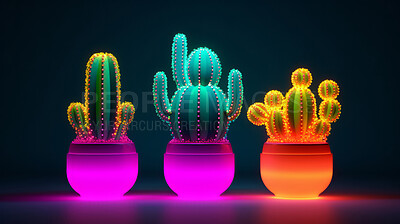 Buy stock photo Colorful neon cactus design. Mexican glowing light banner concept
