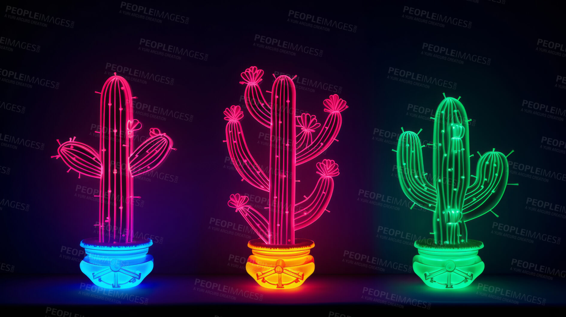 Buy stock photo Colorful neon cactus design. Mexican glowing light banner concept