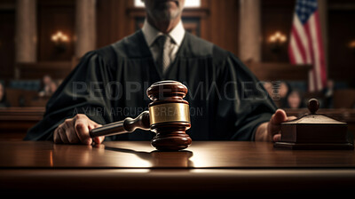 Wooden legal gavel on an office desk or court room, judge's gavel for final verdict