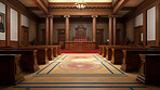 Empty Courtroom, Supreme Court of Law and Justice Trial. Wooden Interior