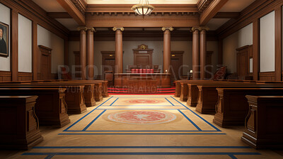 Empty Courtroom, Supreme Court of Law and Justice Trial. Wooden Interior