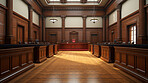 Empty Courtroom, Supreme Court of Law and Justice Trial. Wooden Interior