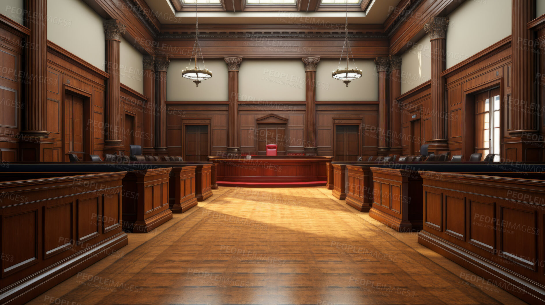 Buy stock photo Empty Courtroom, Supreme Court of Law and Justice Trial. Wooden Interior