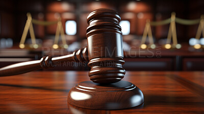 Wooden legal gavel on an office desk or court room, judge's gavel for final verdict