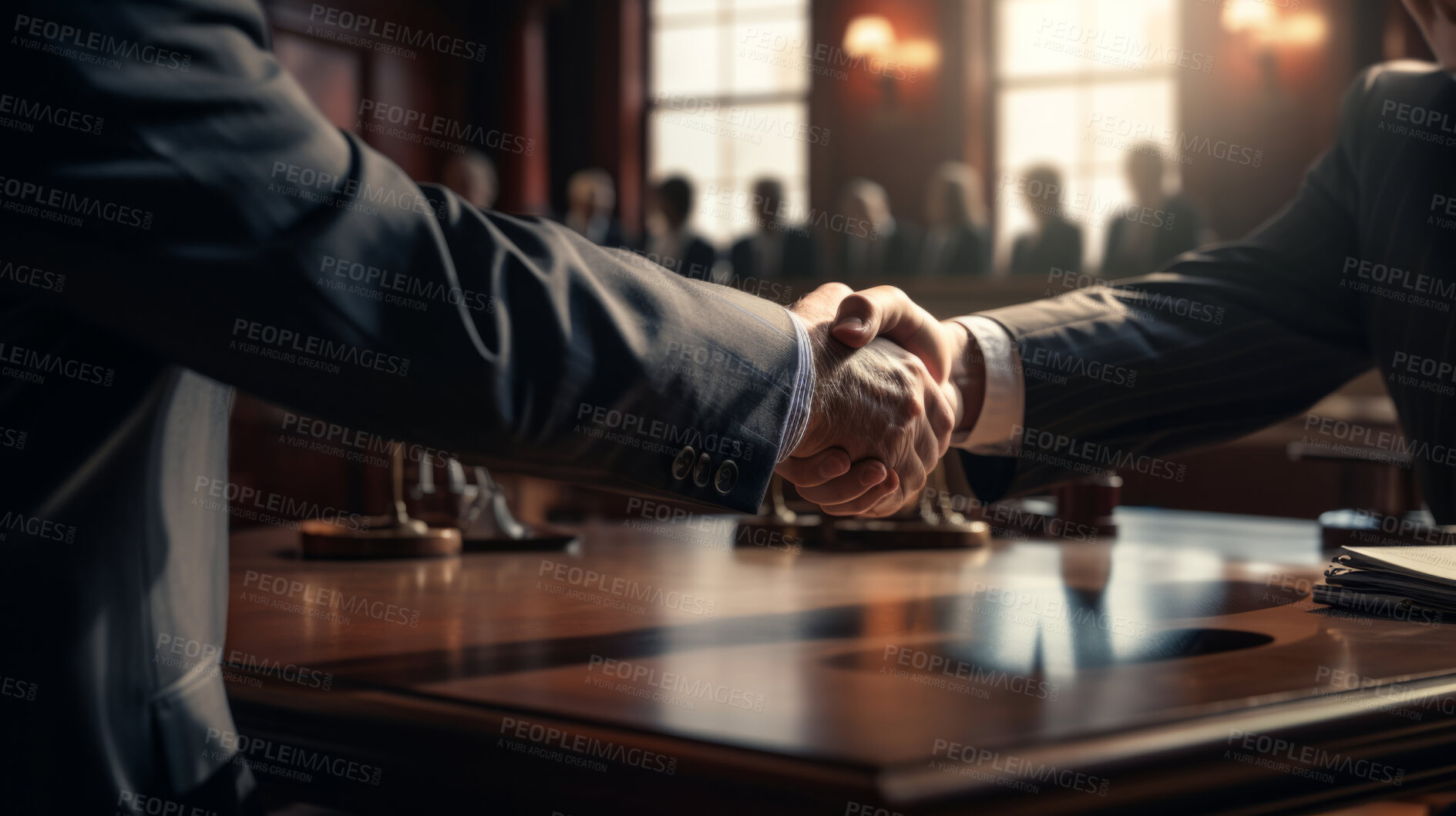 Buy stock photo Businessman shaking hands with his partner lawyers or attorneys discussing agreement