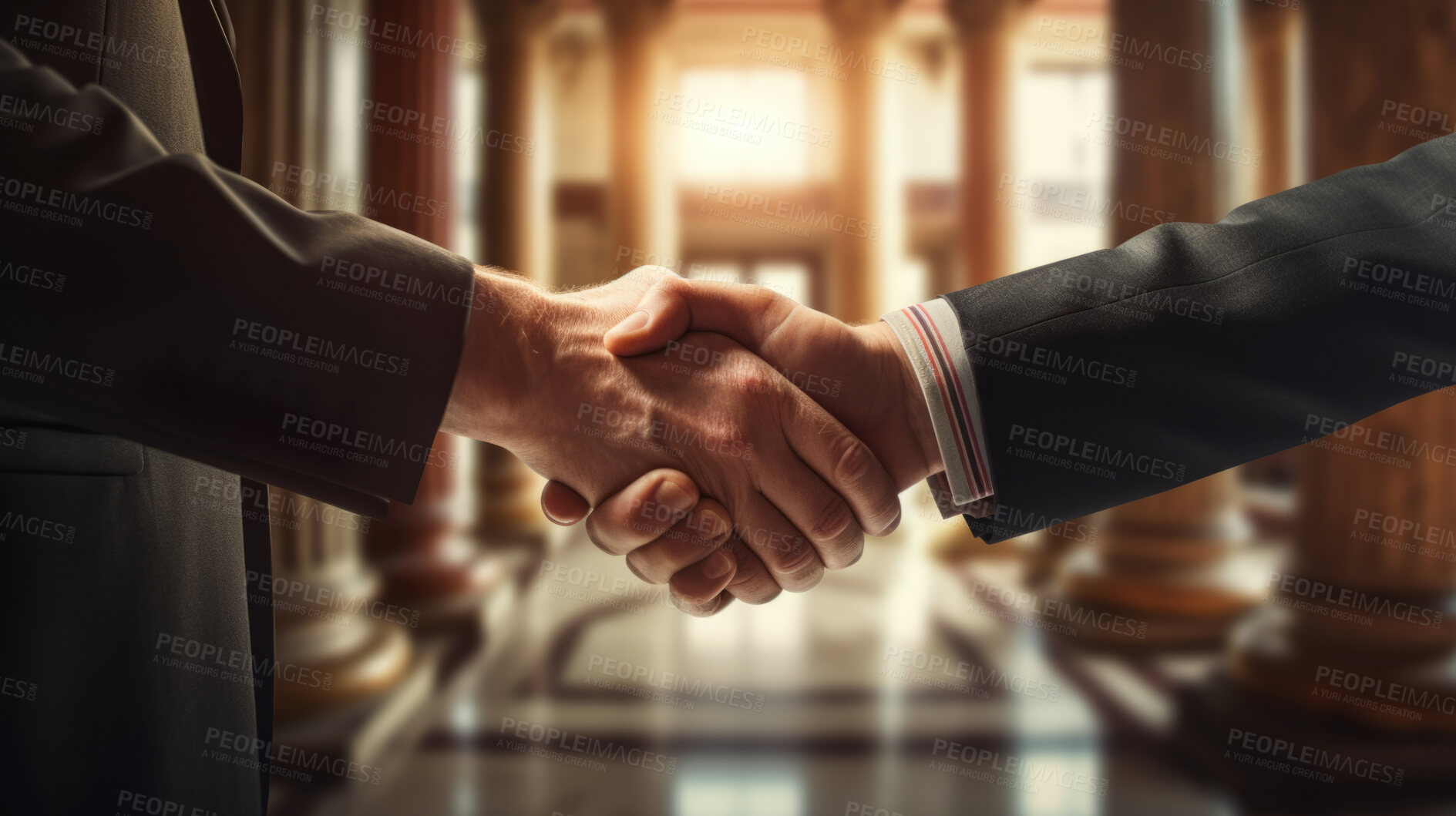 Buy stock photo Businessman shaking hands with his partner lawyers or attorneys discussing agreement