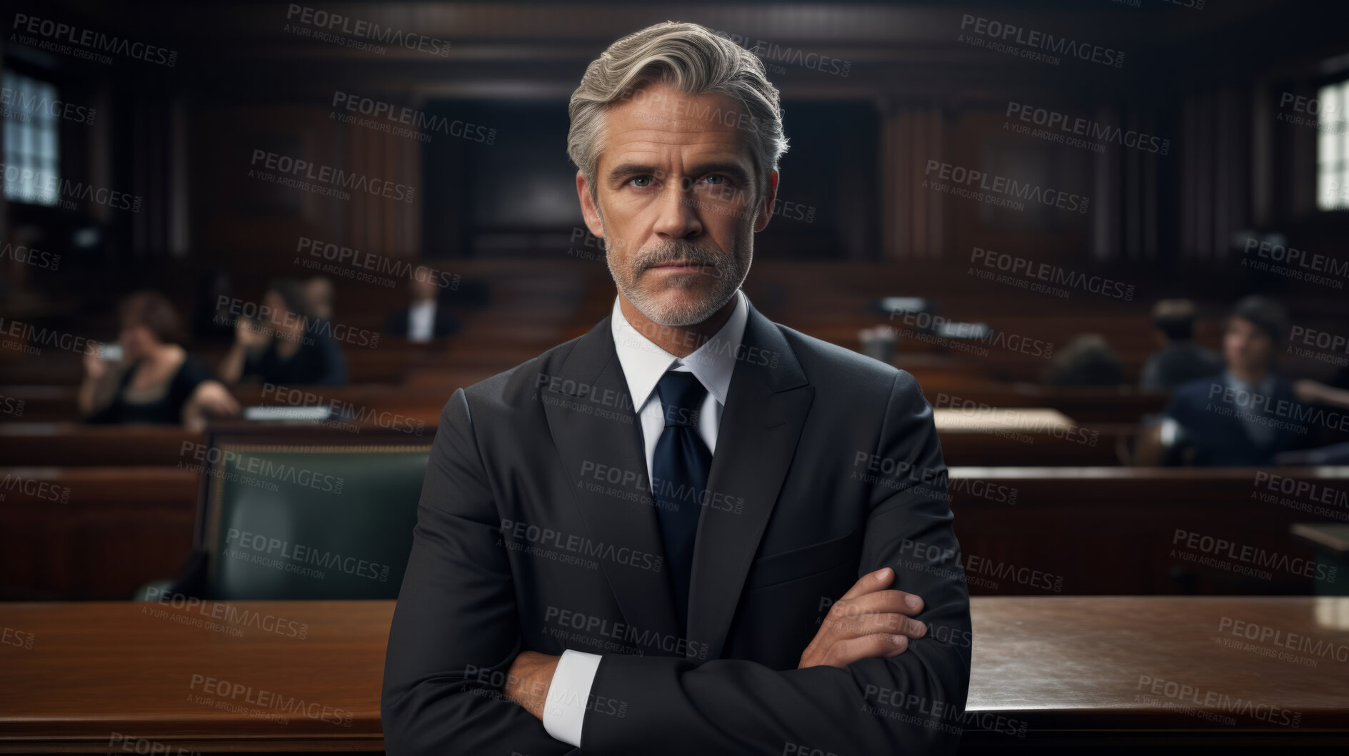 Buy stock photo Lawyer in court room before judge, attractive male lawyer protects rights of defendant