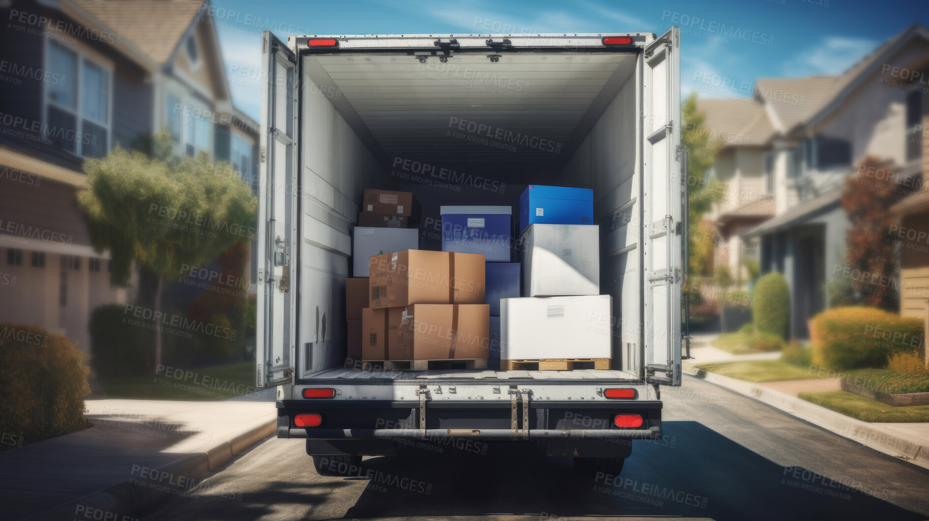 Buy stock photo Truck or van full of moving cardboard boxes and furniture for relocation and new home