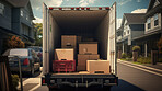 Truck or van full of moving cardboard boxes and furniture for relocation and new home