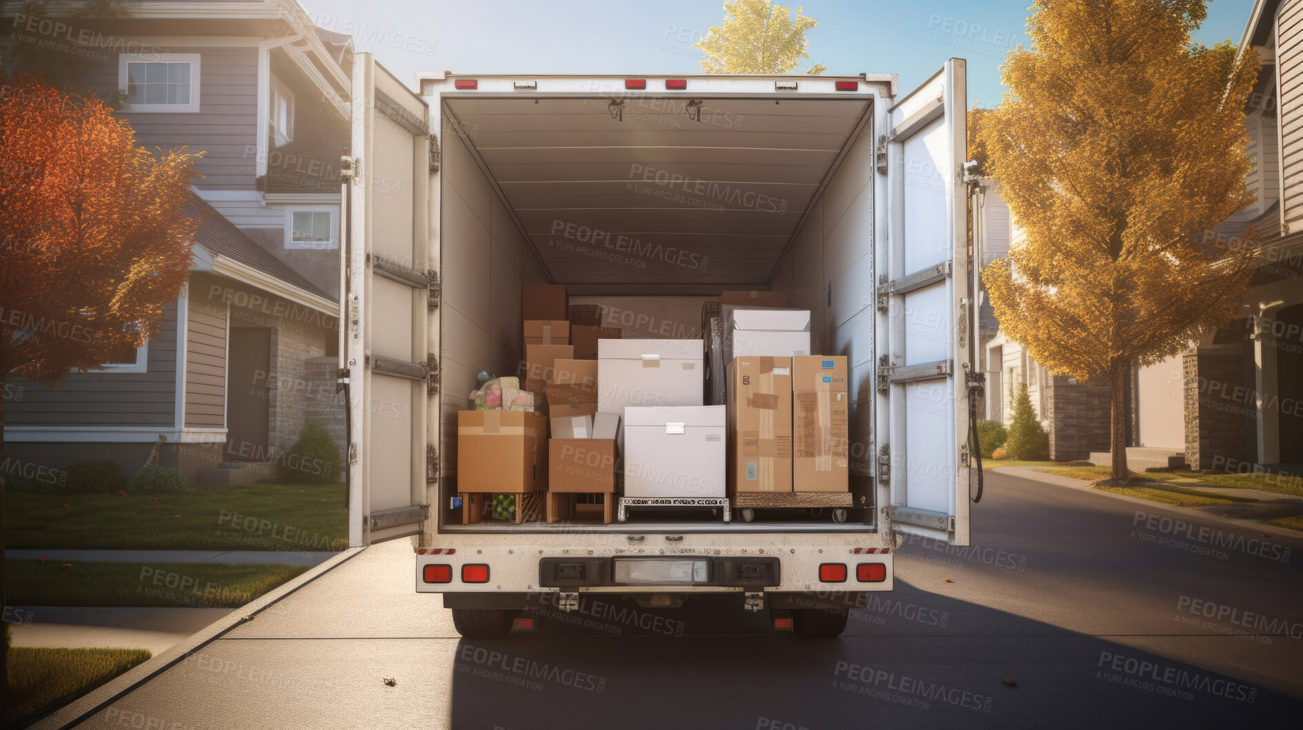 Buy stock photo Truck or van full of moving cardboard boxes and furniture for relocation and new home