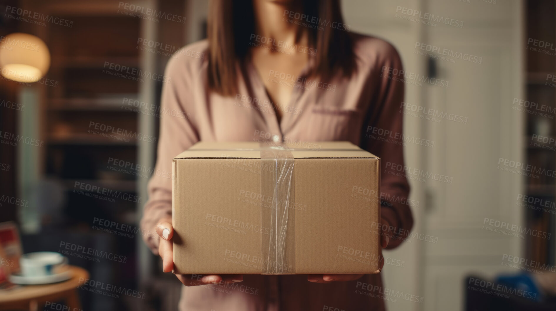 Buy stock photo Young woman carrying large box during a move to new home or package delivery