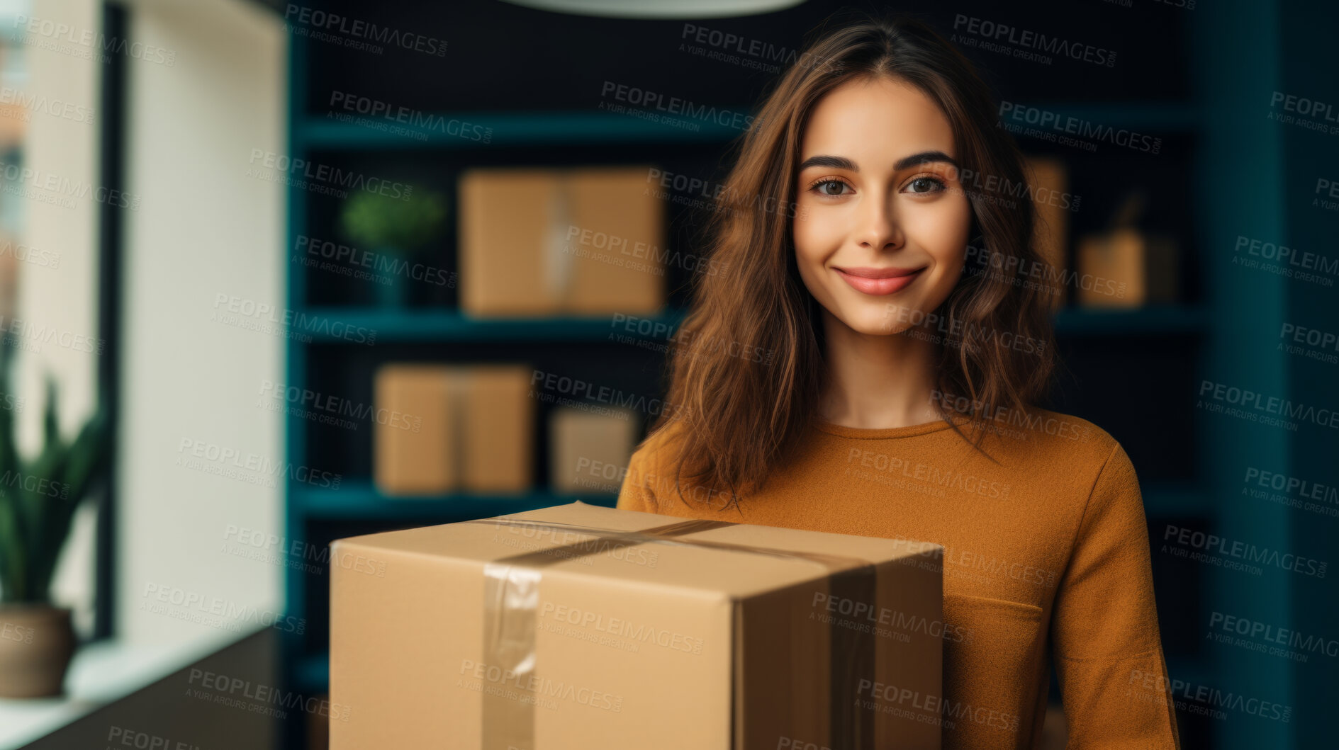 Buy stock photo Young woman carrying large box during a move to new home or package delivery