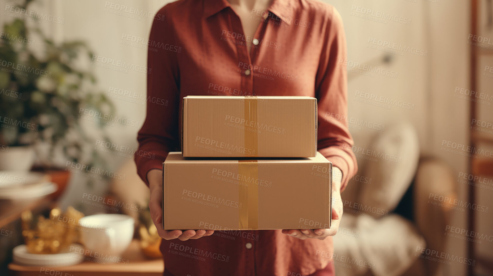 Buy stock photo Young woman carrying large box during a move to new home or package delivery