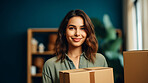 Young woman carrying large box during a move to new home or package delivery