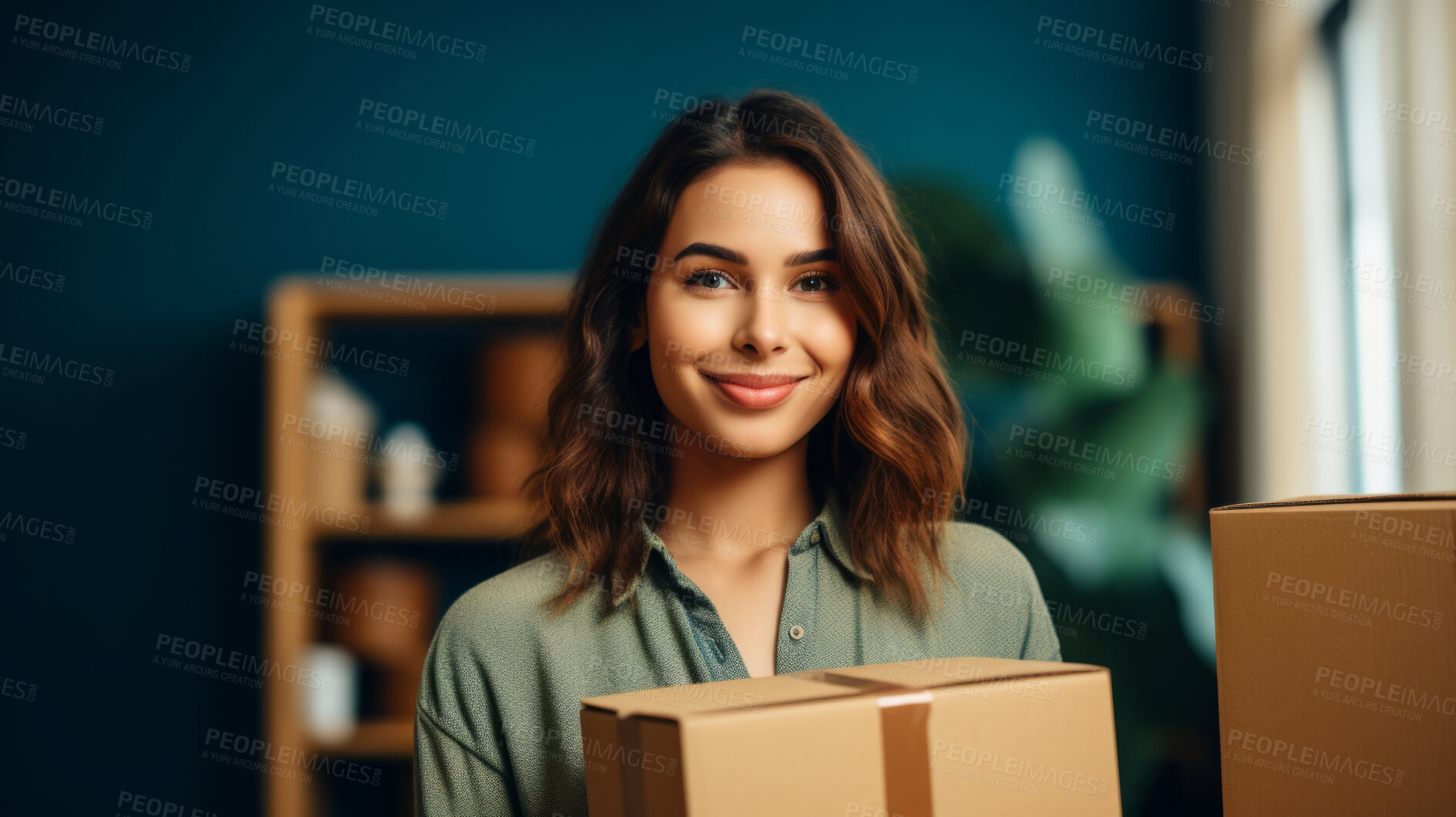 Buy stock photo Young woman carrying large box during a move to new home or package delivery