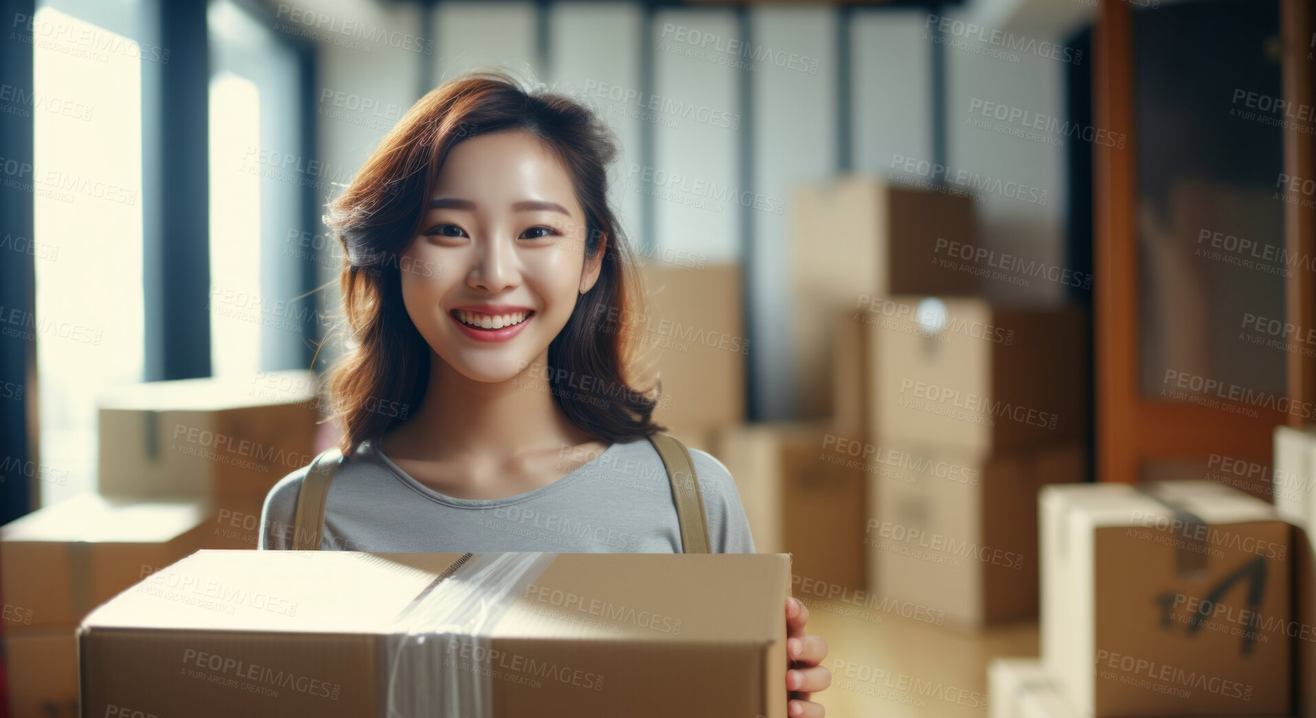 Buy stock photo Young woman carrying large box during a move to new home or package delivery