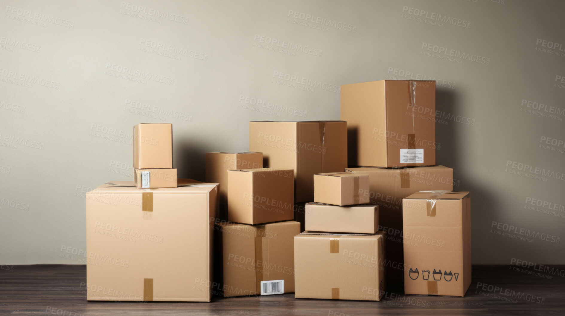 Buy stock photo Cardboard boxes for moving into a new home. Stack of cardboard boxes for relocation