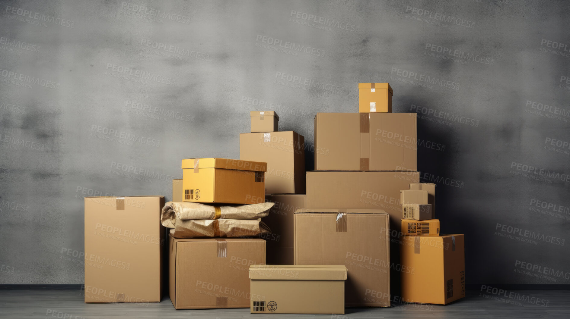 Buy stock photo Cardboard boxes for moving into a new home. Stack of cardboard boxes for relocation