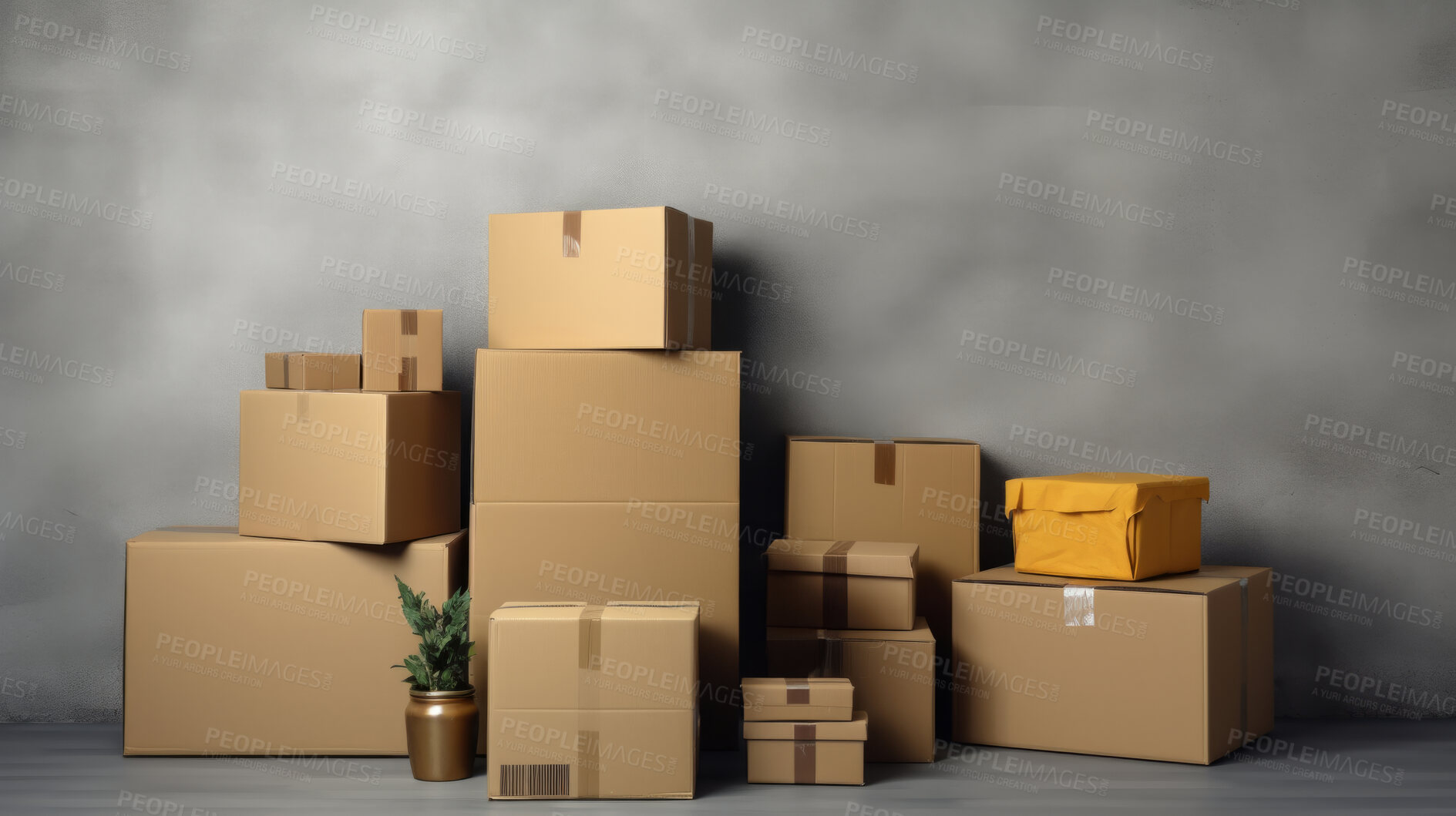 Buy stock photo Cardboard boxes for moving into a new home. Stack of cardboard boxes for relocation