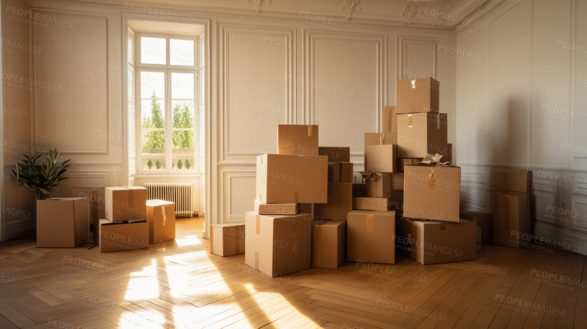 Buy stock photo Cardboard boxes for moving into a new home. Stack of cardboard boxes for relocation