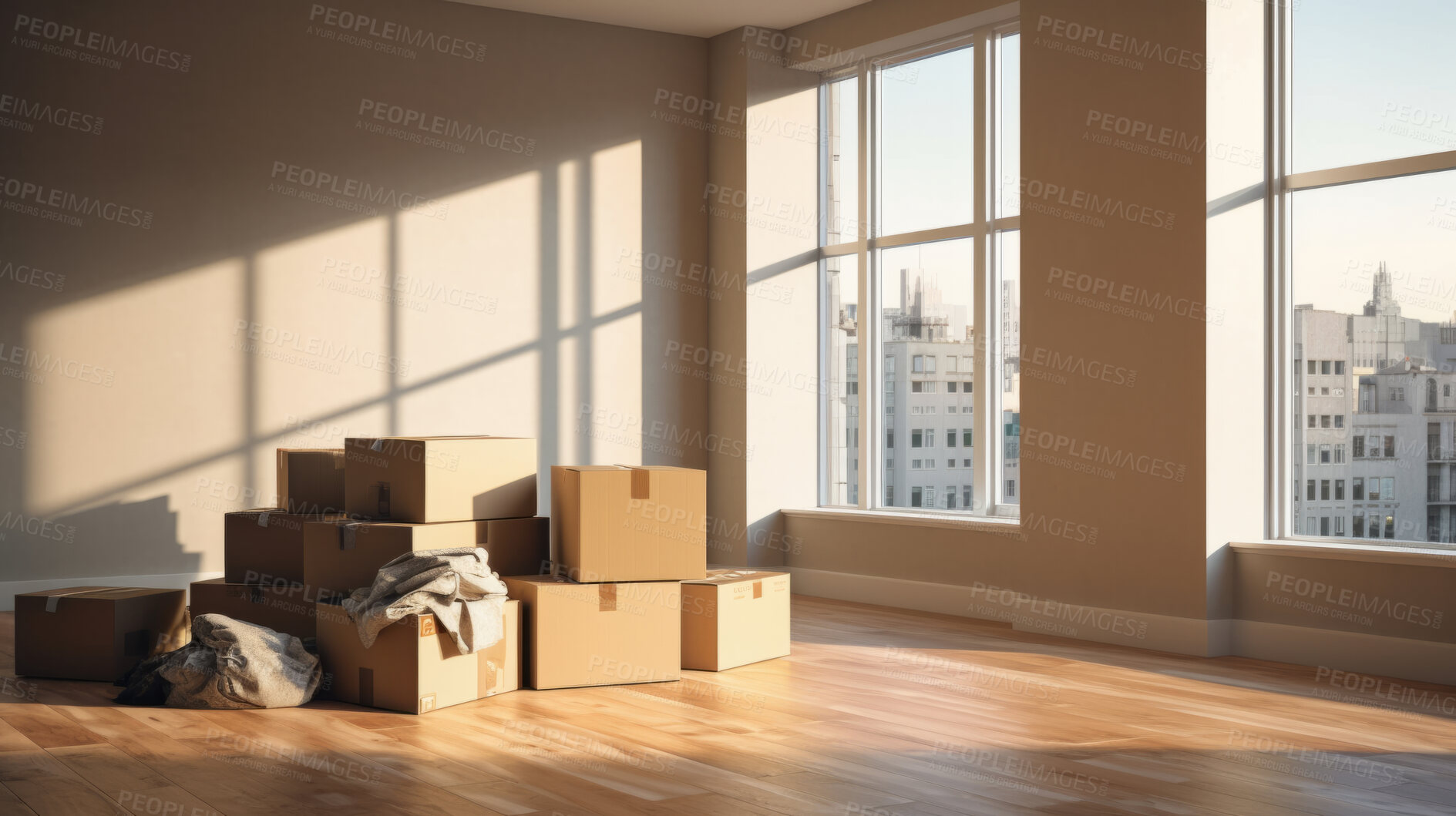 Buy stock photo Cardboard boxes for moving into a new home. Stack of cardboard boxes for relocation