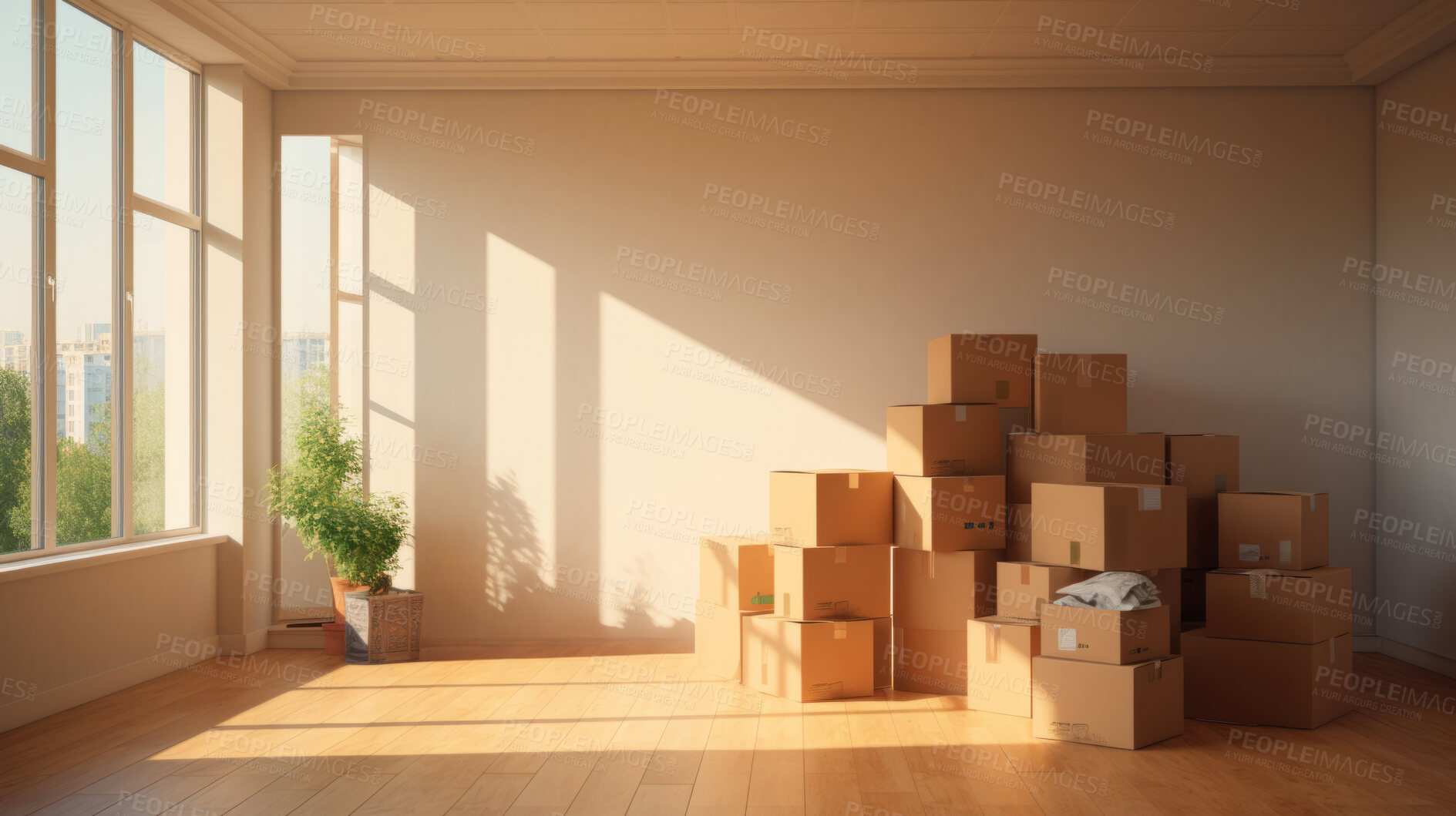 Buy stock photo Cardboard boxes for moving into a new home. Stack of cardboard boxes for relocation