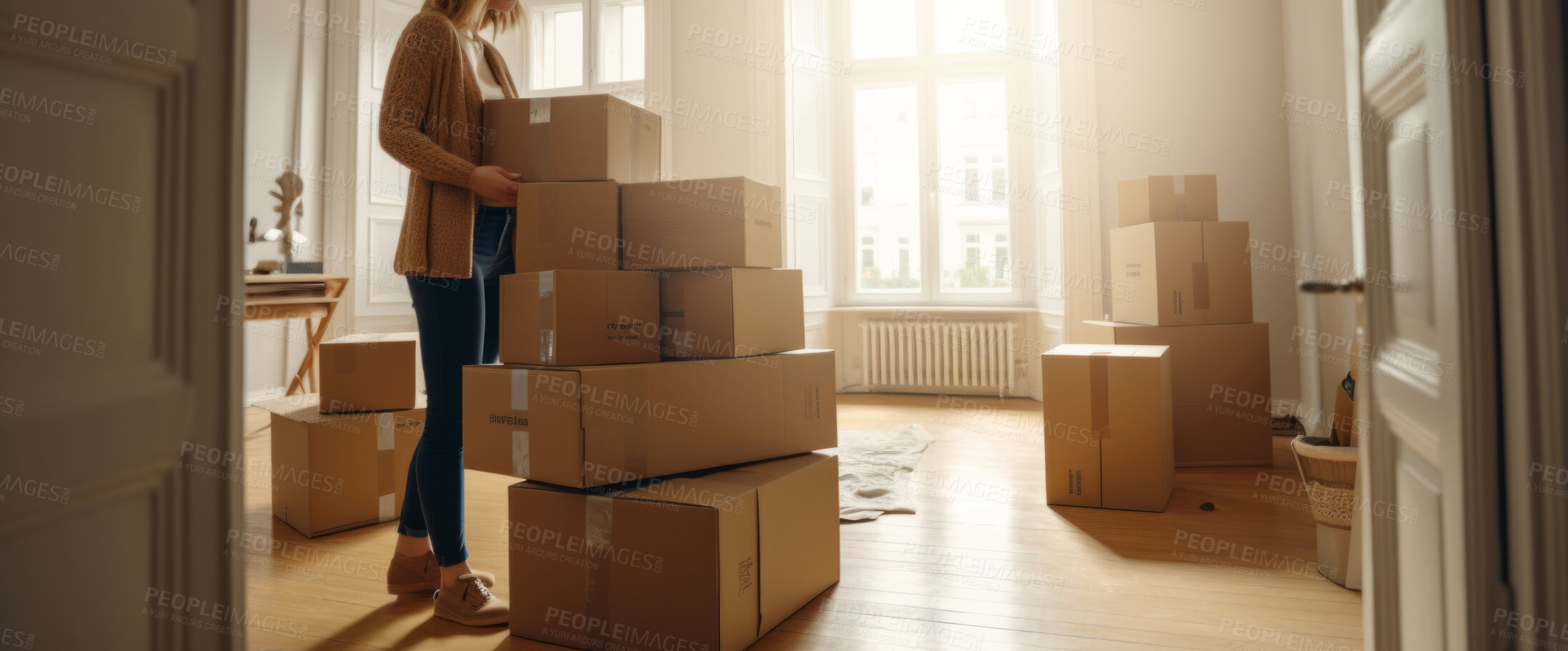 Buy stock photo Cardboard boxes for moving into a new home. Stack of cardboard boxes for relocation