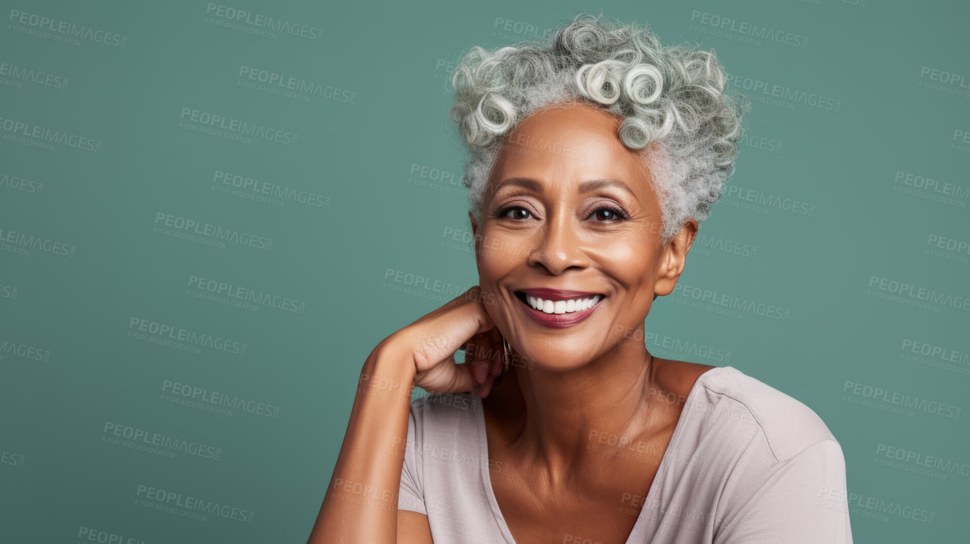 Buy stock photo Radiant mature senior model woman with grey hair laughing and smiling for spa and dental