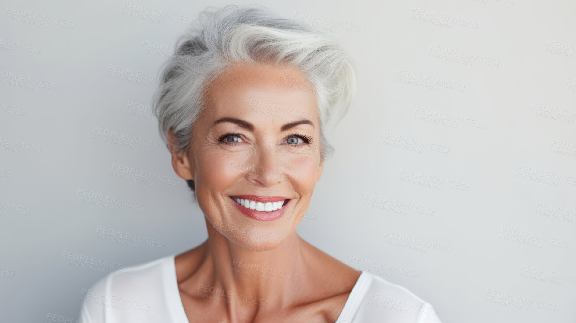 Buy stock photo Radiant mature senior model woman with grey hair laughing and smiling for spa and dental