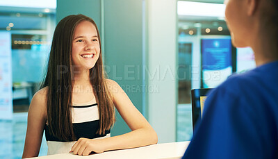 Buy stock photo Help, reception and nurse with patient in hospital for advice, medical and information. Medicine, happy and healthcare with teenage girl at desk in clinic for nursing, waiting room and service