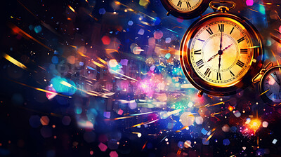 Exploding alarm clock with colorful paint background. Celebration and time management