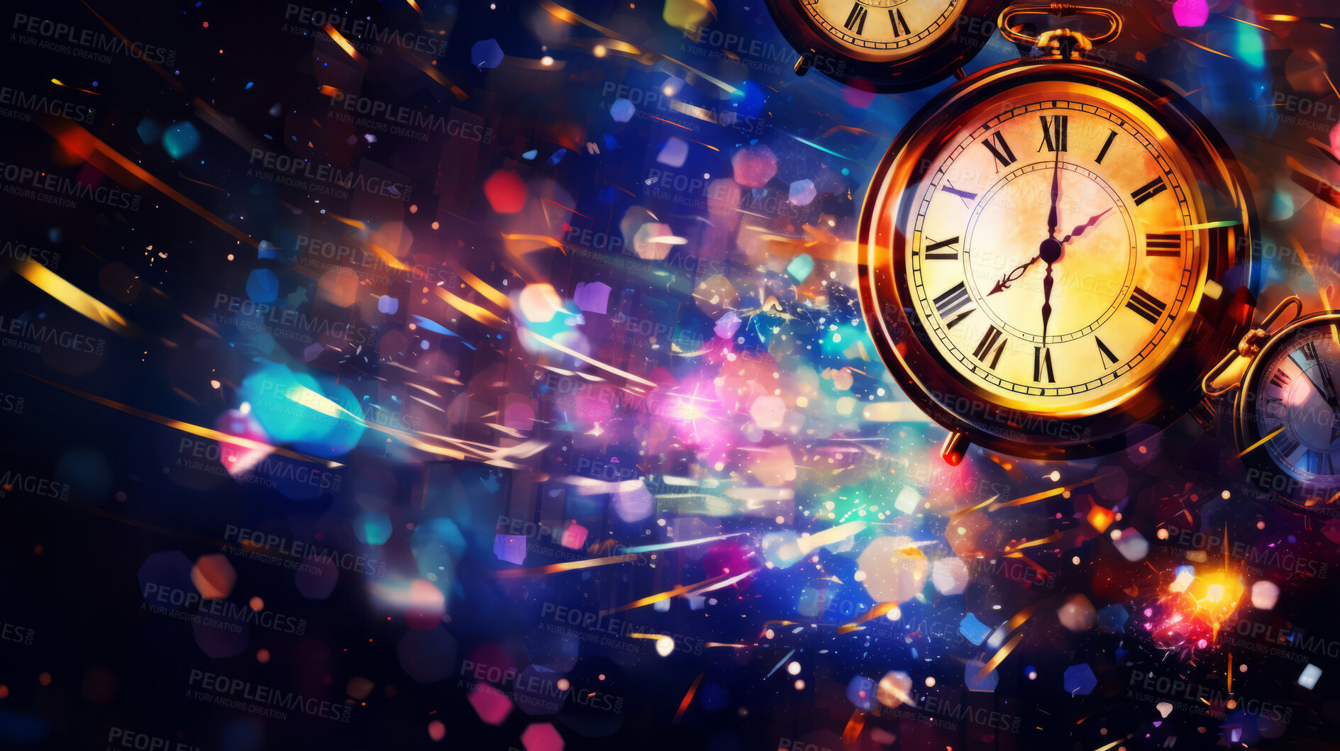 Buy stock photo Exploding alarm clock with colorful paint background. Celebration and time management