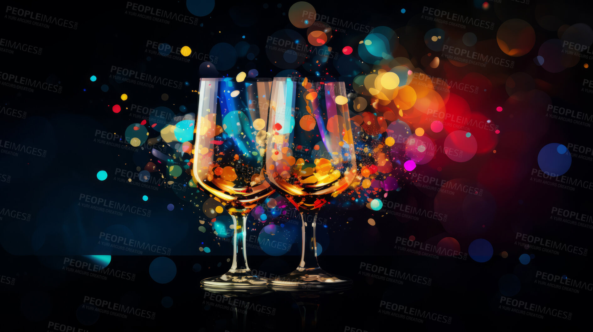 Buy stock photo Wine glasses with colorful paint background. Celebration concept