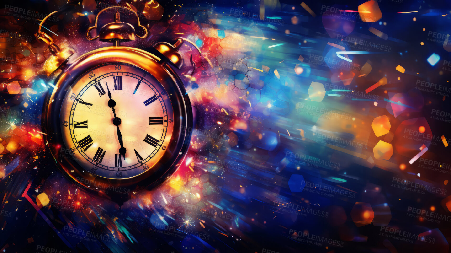 Buy stock photo Exploding alarm clock with colorful paint background. Celebration and time management